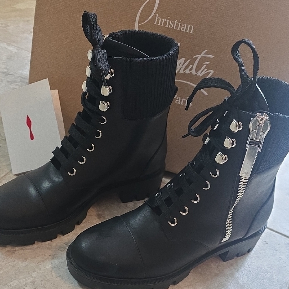 Christian Louboutin Black Combat Boots with Silver Accents